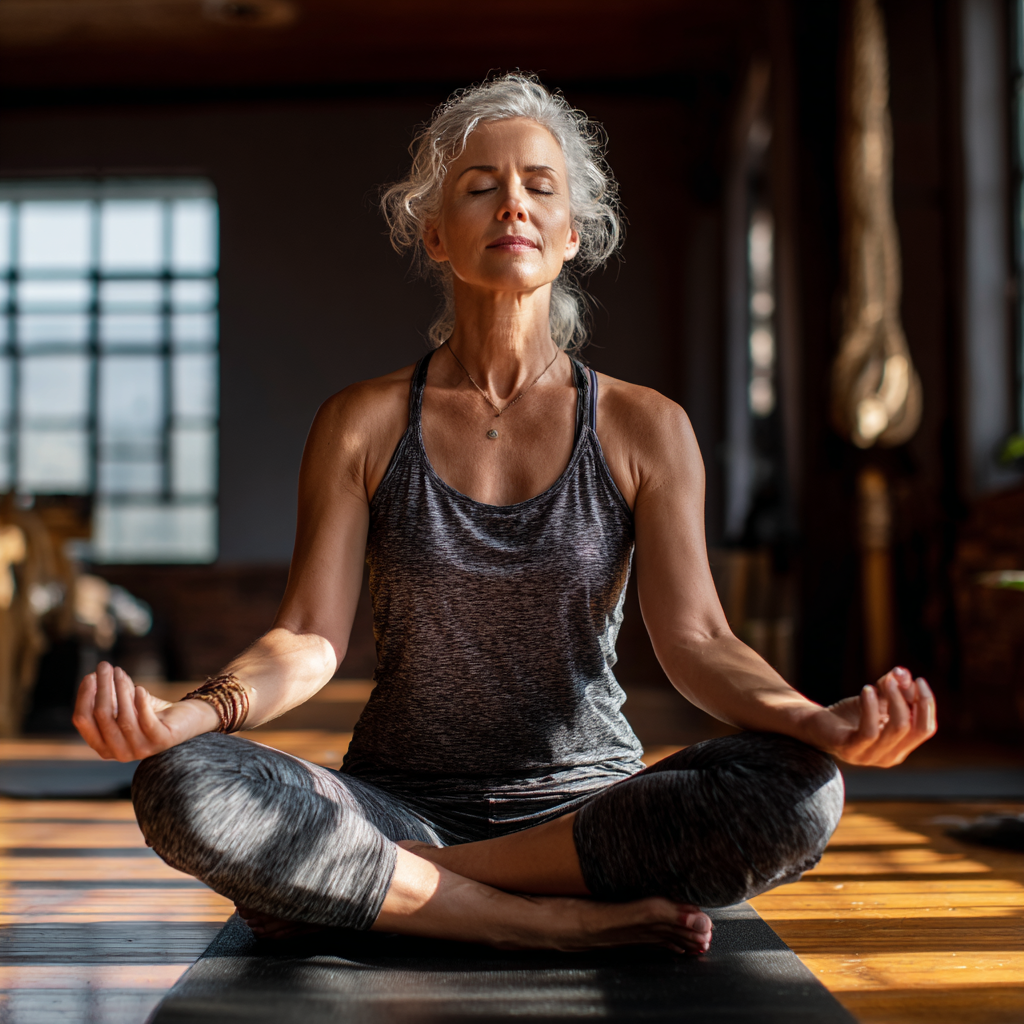 Middle-aged woman practicing yoga poses in peaceful studio environment